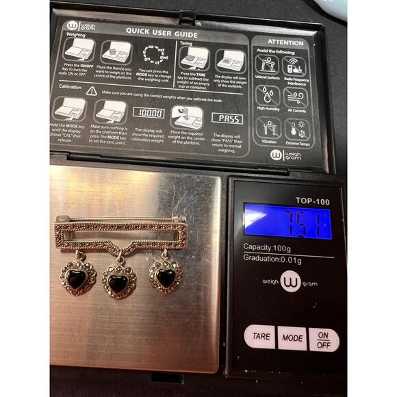 Vintage black onyx hearts and marcasite sterling silver pin brooch - Picture 11 of 11